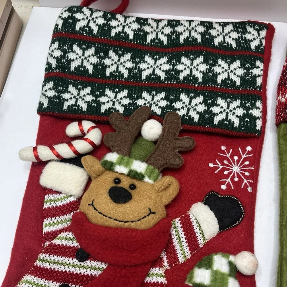 Christmas Stockings Set Of 3 Plush Reindeer Bear Snowman Knitted Embroidered 18